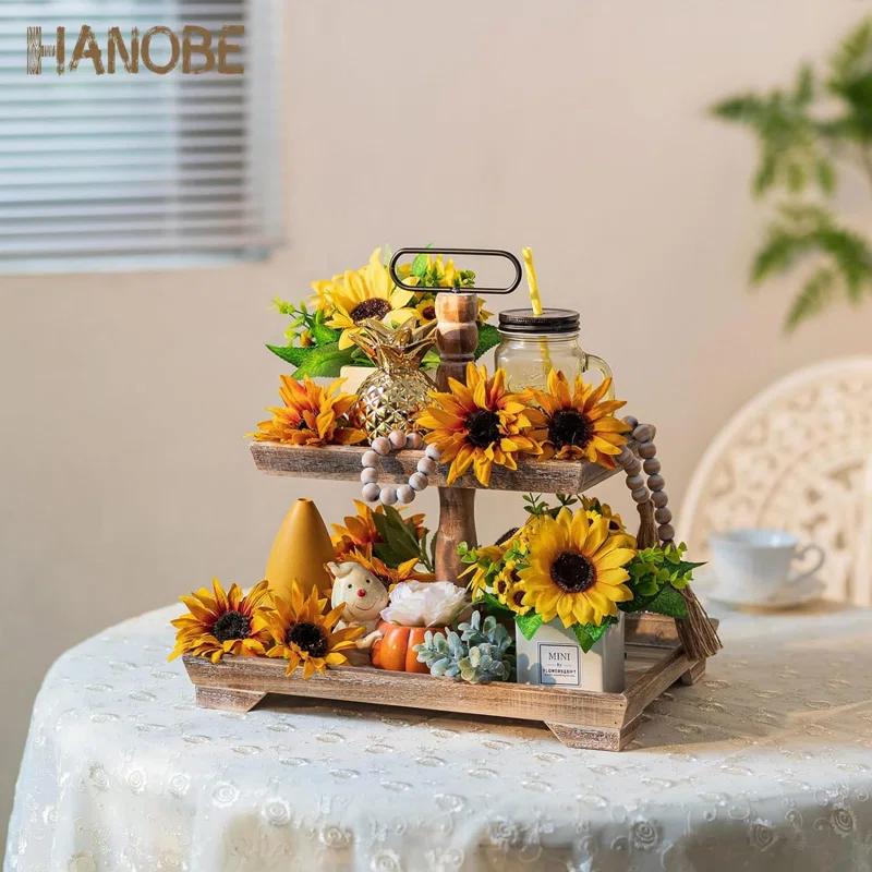 Ophelia & Co. Farmhouse Tiered Tray Stand: Rustic Wood 2 Tier Serving Tray Decor Two Rectangle Wooden For Kitchen Counter Centerpieces Coffee Bar Easter Fall Halloween Thanksgiving Christmas