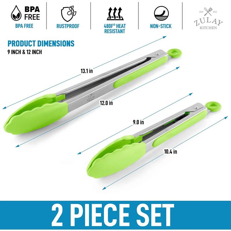 Zulay Kitchen Zulay Kitchen Tongs For Cooking - 2 Pack 9" & 12" Stainless Steel Silicone Tong Set