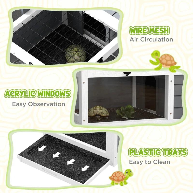 Tucker Murphy Pet™ Tortoise Habitat, Wooden Tortoise House, Indoor Outdoor Tortoise Enclosure With Lamp Holder, Pull-Out Waterproof Trays, Openable Lids, Gray