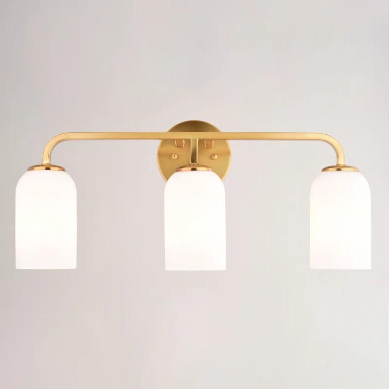 Shelby 3 Light Gold Brass Transitional Bathroom Vanity Fixture White Glass