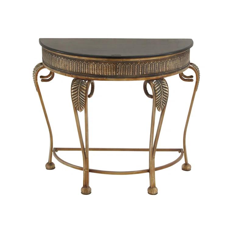 Alcott Hill® Gold Metal Leaf Embossed Living Room Console Table with Ornate Scroll Legs, 41" x 19" x 33"