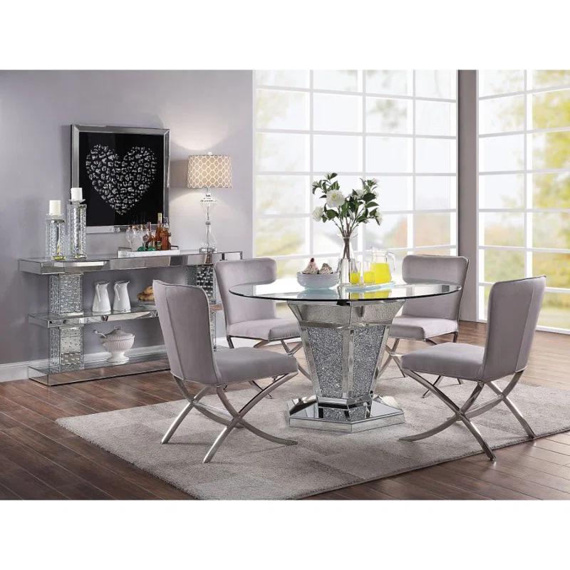 Everly Quinn Choi Round Glass Top Metal Base Dining Table