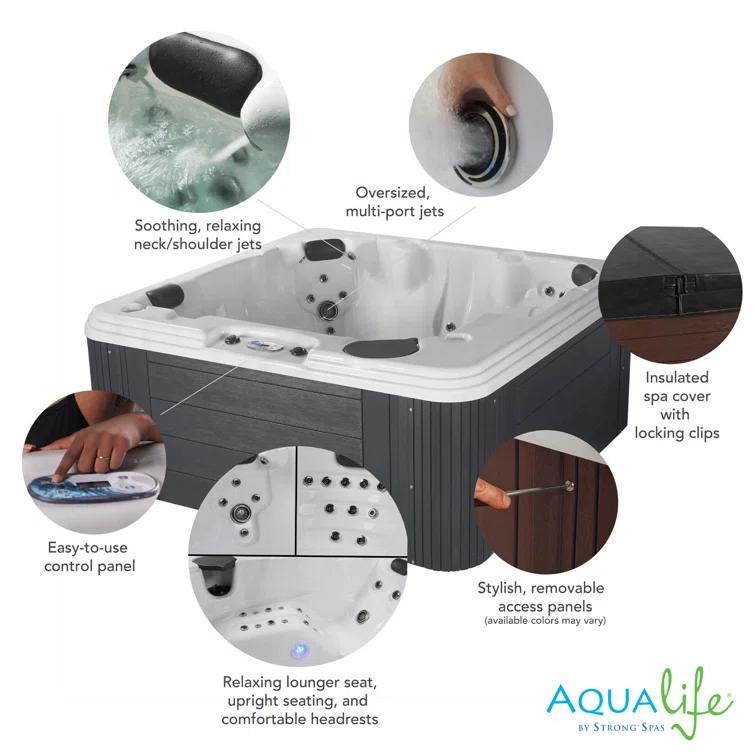 Aqualife® by Strong Spas® Annapolis™ 6-Person 50-Jet Lounger Hot Tub Spa with 2 Pumps, LED Lighting, Stainless Steel Heater and Ozonator, Insulated Cover Included