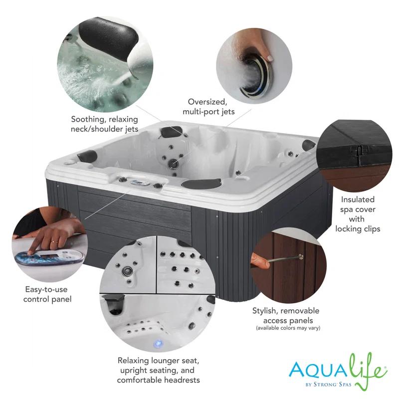 Aqualife® by Strong Spas® Annapolis™ 6-Person 50-Jet Lounger Hot Tub Spa with 2 Pumps, LED Lighting, Stainless Steel Heater and Ozonator, Insulated Cover Included