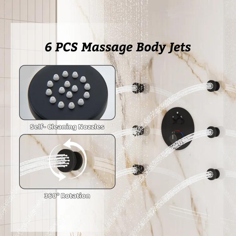 CASAINC Wall Mounted Thermostatic Complete Rainfall Shower System with 6 Body Jets and Rough-in Valve CS6823-12MB