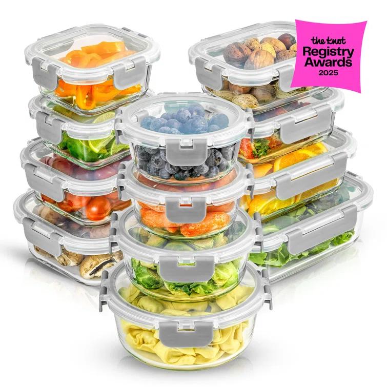 JoyJolt JoyJolt 24-Piece Glass Food Storage Container Set with Leakproof Lids, Light Grey (Set of 5)
