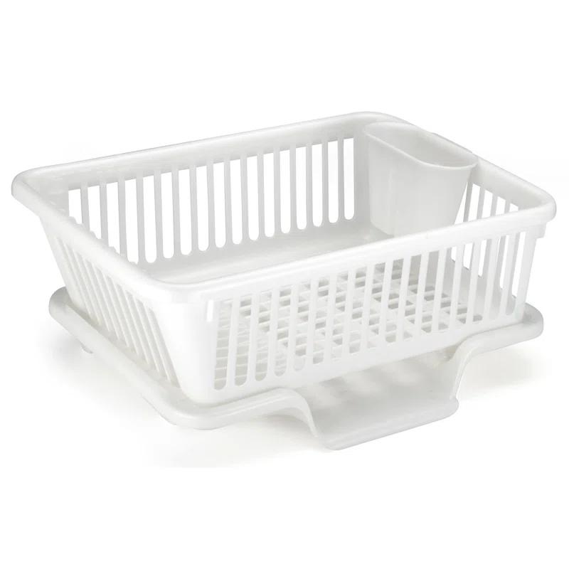 Basicwise Heavy Duty 2-Piece Plastic Dish Drying Rack Set in White - Includes Large Dish Drainer, Attached Drainboard, and Utensil Cup Holders for Home Kitchen Countertop Organization