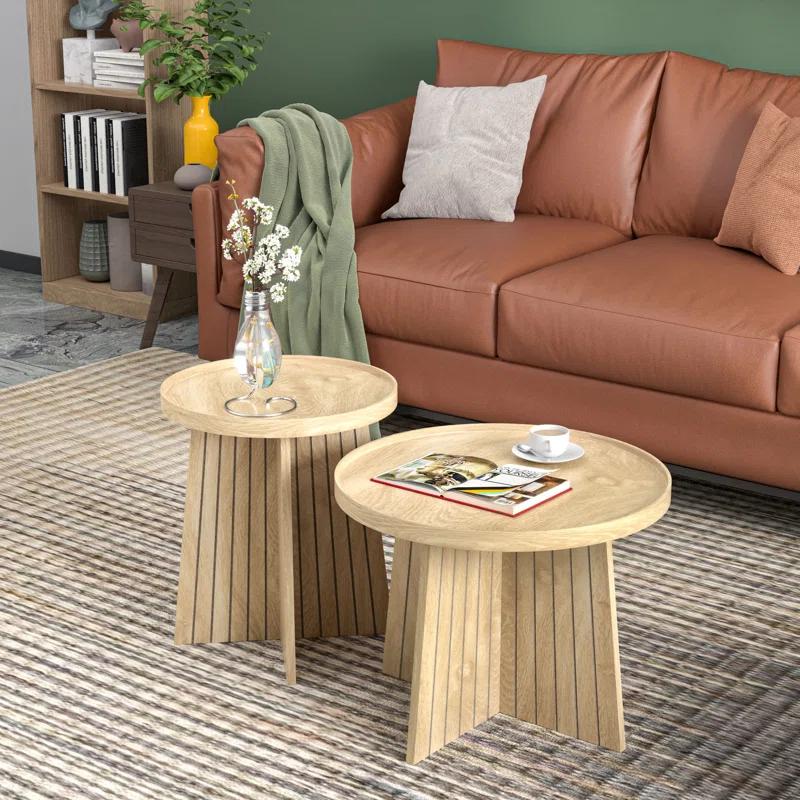 Gracie Oaks Round Fluted Nesting Coffee Table, 2 Piece Coffee Table Set For Living Room, Office, Balcony