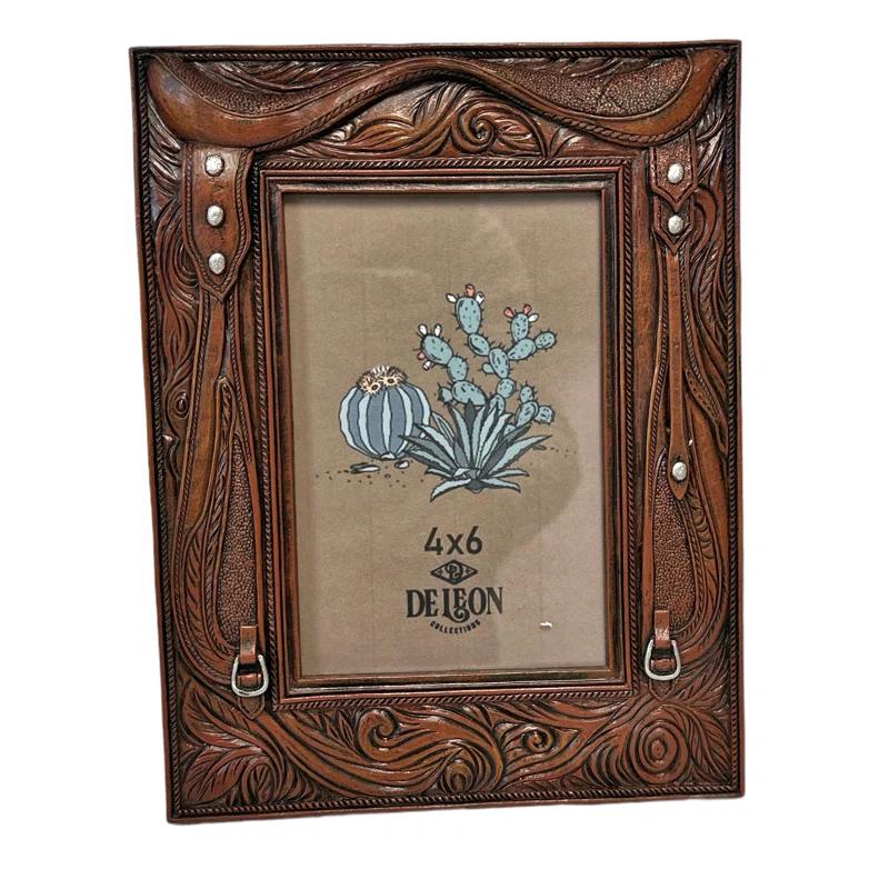 Fleur De Lis Living Polyresin Faux Tooled Leather Western Rustic Horse Saddle 6” x 4” Standing Photo Picture Frame