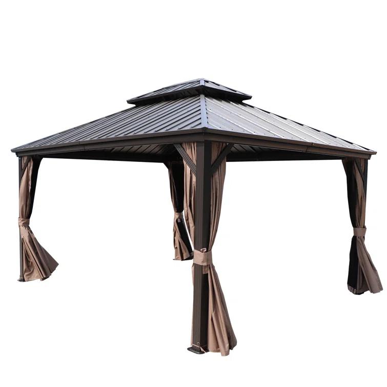 Kozyard Kozyard Caesar Gray Double Roof Hardtop Gazebo with Privacy Curtain and Mosquito Netting