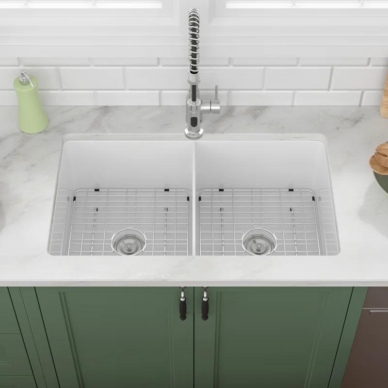 Sarlai 32'' L x 19" W White Ceramic 50/50 Double Basin Drop-In/Undermount Kitchen Sink with Sink Grids S-CSU3219-55