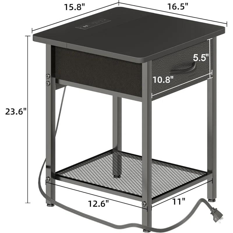 17 Stories Nightstands Set Of 2 With Charging Station And Fabric Storage Drawer,16.5" X 15.8" Side Table With Storage For Bedroom, Bedside Tables With Steel Fram
