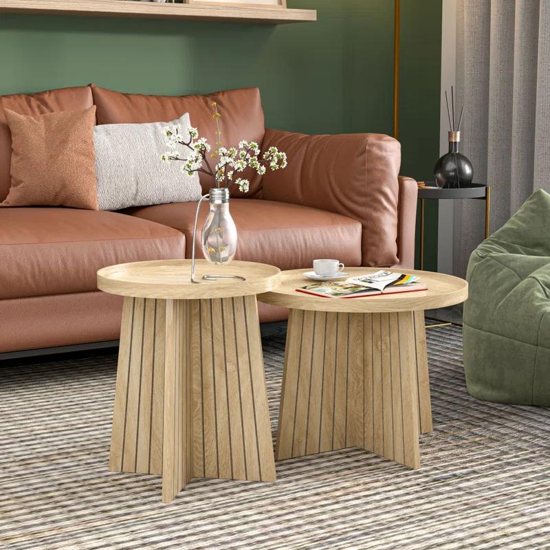 Gracie Oaks Round Fluted Nesting Coffee Table, 2 Piece Coffee Table Set For Living Room, Office, Balcony