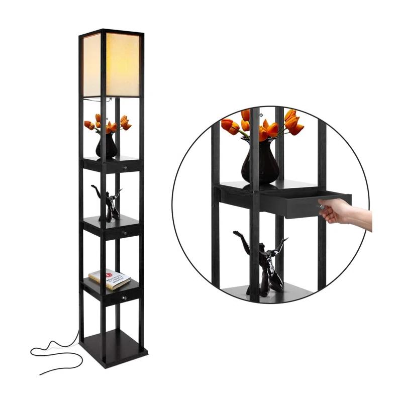 Brightech Maxwell 72" Traditional LED Shelf Floor Lamp with Black Finish, 4 Built-In Shelves, 3 Storage Drawers, Bulb Included