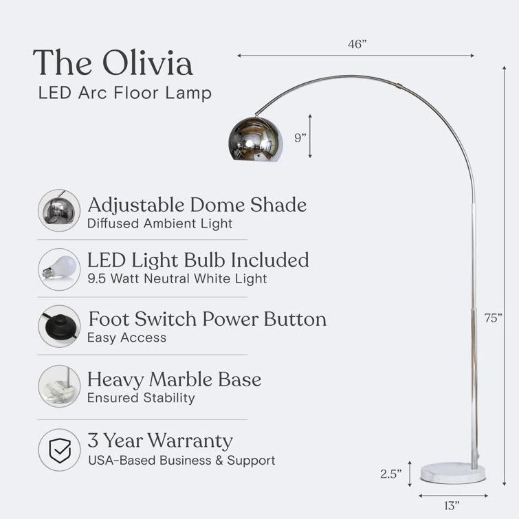 Brightech Olivia 75" Modern Industrial LED Arc Floor Lamp with Silver Chrome Finish, White Marble Base, and Metal Bowl Shade, Bulb Included