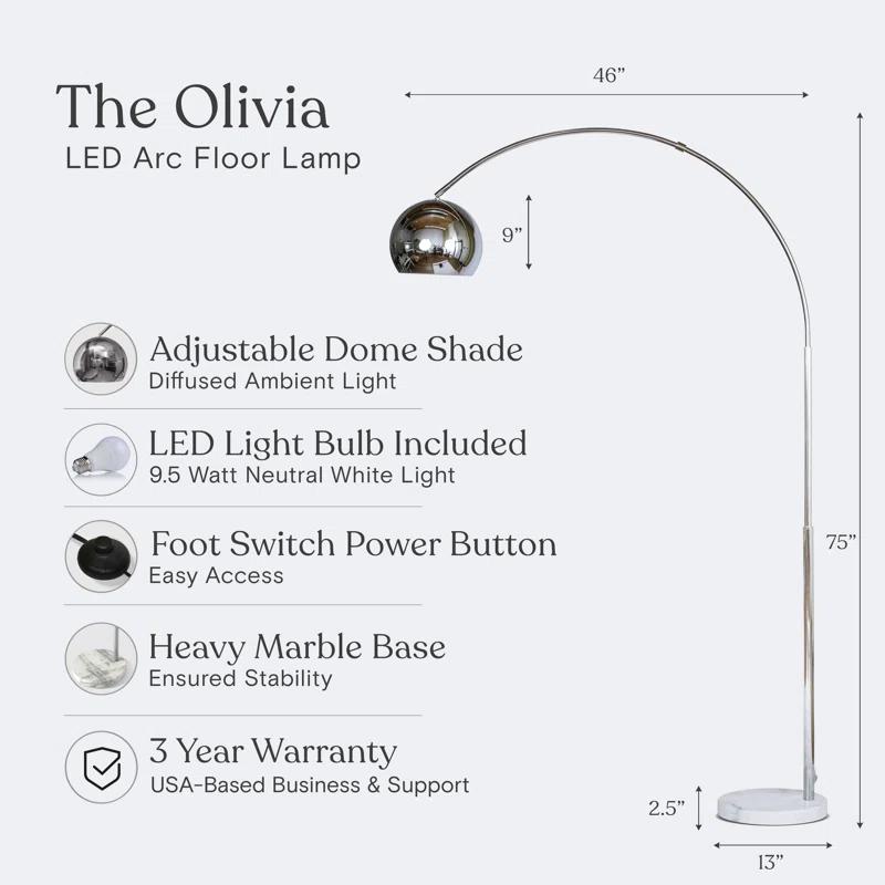 Brightech Olivia 75" Modern Industrial LED Arc Floor Lamp with Silver Chrome Finish, White Marble Base, and Metal Bowl Shade, Bulb Included