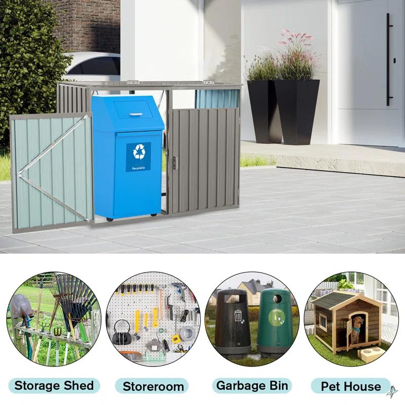 KAQCVIN Garbage Bin Shed Stores 2 Trash Cans Metal Outdoor Bin Shed