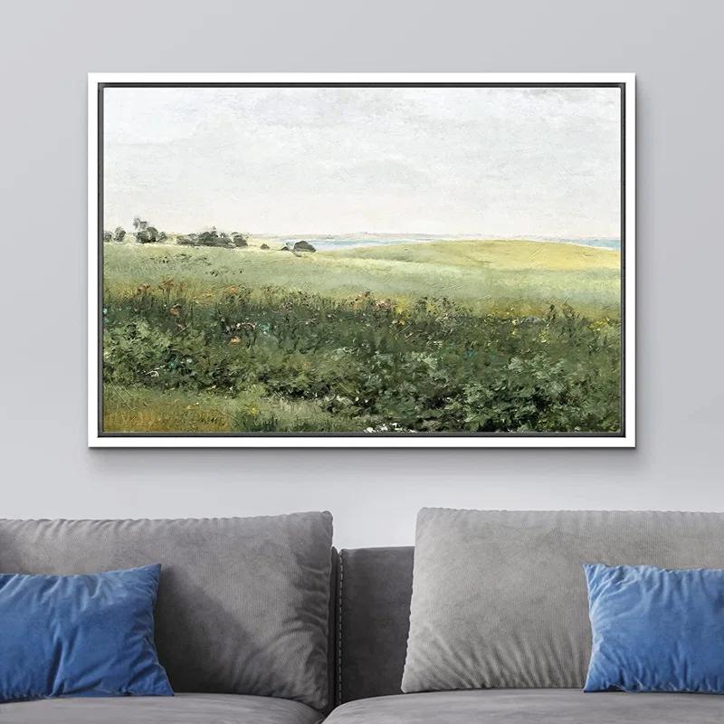 Green Meadow Hillside Wildflowers Field Nature Landscape Wall Art Framed On Canvas Painting Print
