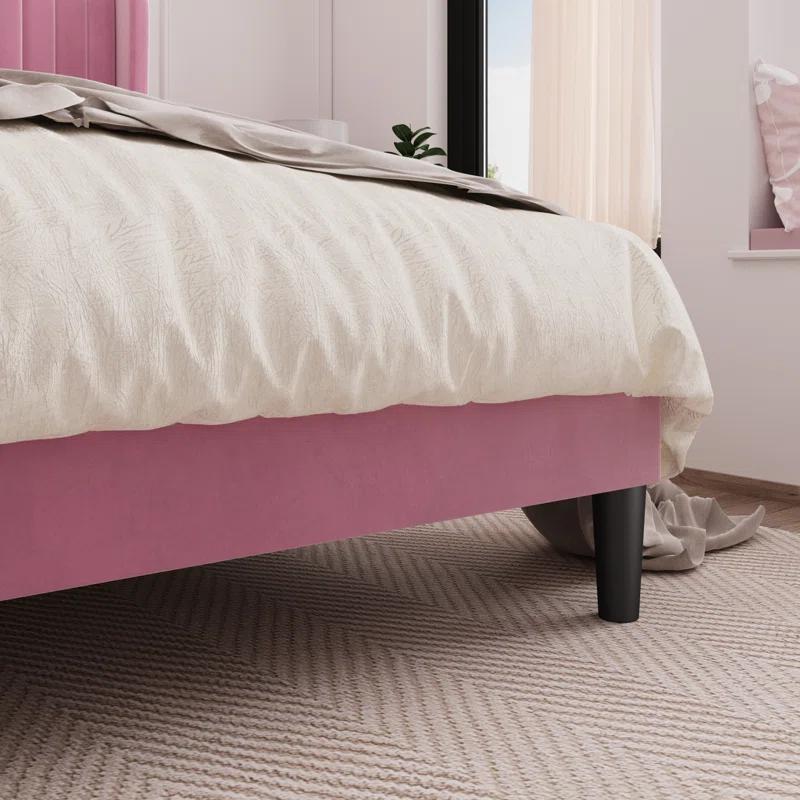 Candler Velvet Upholstered Platform Bed with Wingback Headboard and Wooden Slats