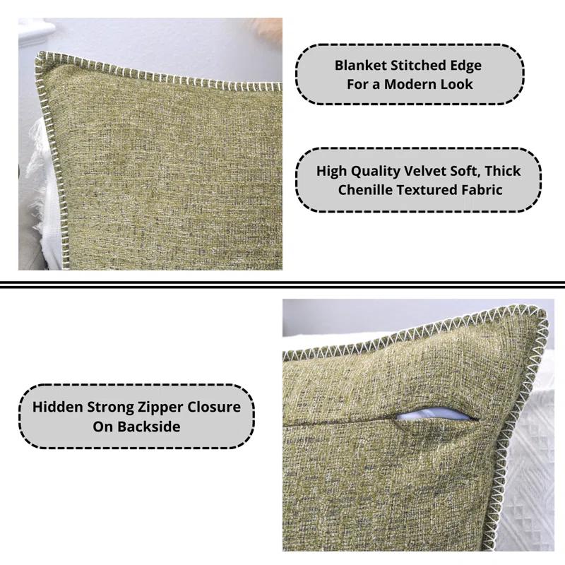 Oveesha Soft Chenille Throw Pillow Covers With Stitched Edge (Set of 2)