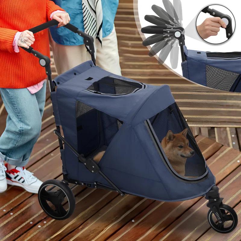 MoNiBloom Folding 3 Wheel Pet Stroller, Foldable Dog Jogger Stroller with Adjustable Handlebar and Mesh Window