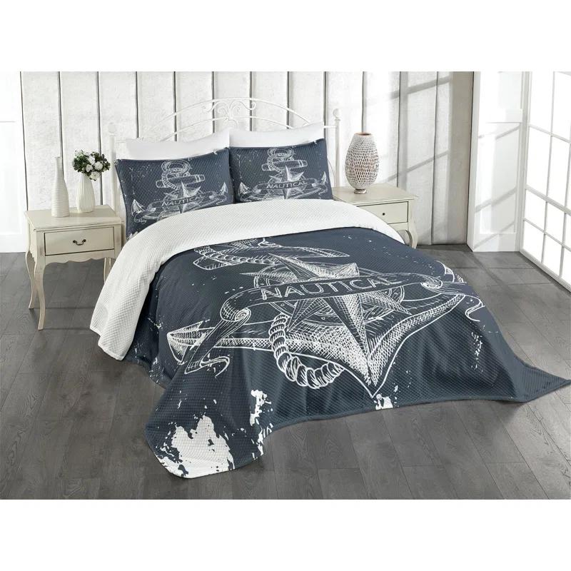 Ambesonne Ambesonne Nautical Bedspread Set Knot Anchor Compass Dark Blue White