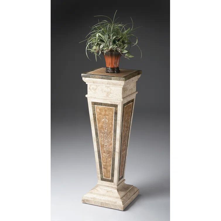 Augustus Rectangular Etched Fossil Stone & Wood Pedestal