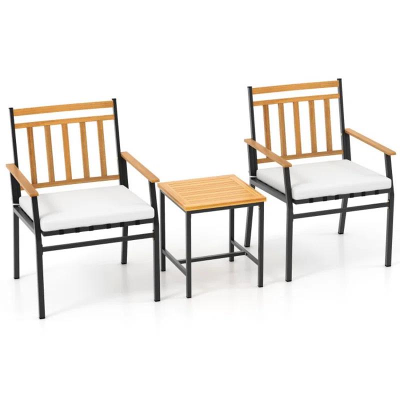 Gracie Oaks 3 Pieces Acacia Wood Bistro Set Patio Conversation Set With Cushions And Coffee Table Outdoor Bistro Table And Chairs Set