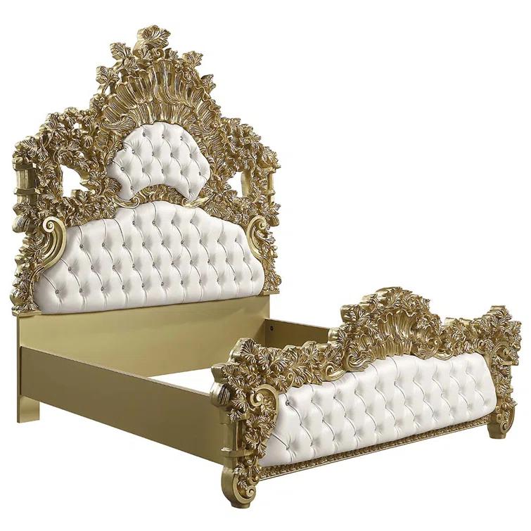 Benjara Rexx King Bed, White Faux Leather Victorian Carved, Classic Gold Wood