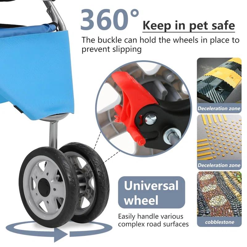 ToccoLeggero Pet Stroller Foldable Dog Stroller 3-Wheel Durable Cat Jogger Stroller For Small And Medium Dogs Cats With Washable Liner Storage Basket Cup Holder