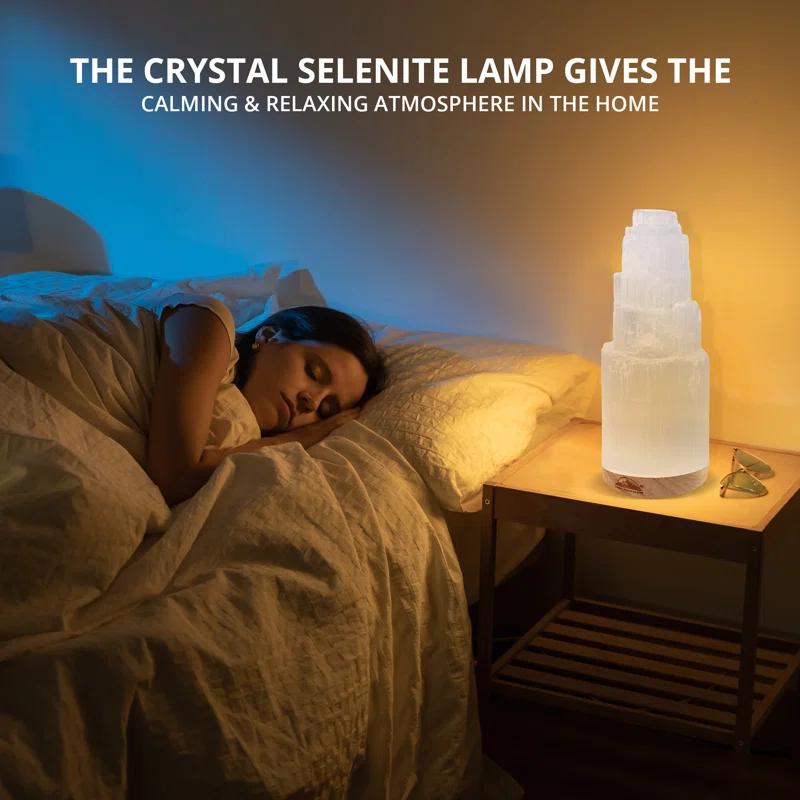 Himalayan Glow Selenite Crystal Lamp 20cm Large, Hand-Curved Crystal Lamp with Wooden Base - White