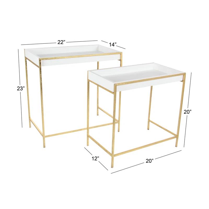 Mercer41 Blaine Wooden Nesting Tray Top Geometric Side End White Accent Table with Gold Metal Legs Set