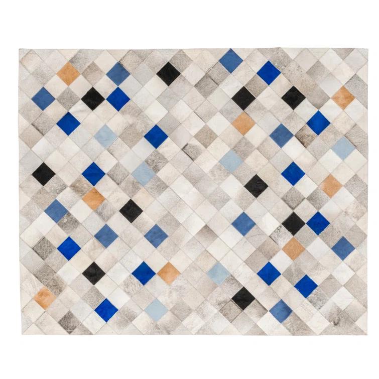 Art Hide Falling Squares Rectangle 5'2" x 6'6" Cowhide Argyle Area Rug in Blue/Gray/White/Brown