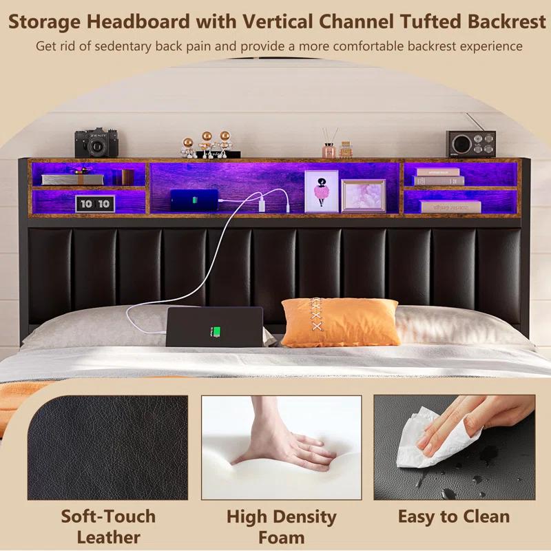Kanchi Upholstered Metal Platform LED Bed Frame with 4 Storage Drawers and Bookcase Headboard, Black