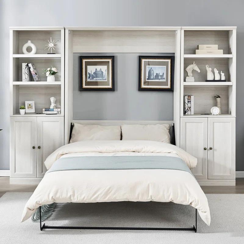 LOONGFIELD Full Size Half Self-Close And Open Murphy Bed With 2 Side Cabinet Storage Shelf, Cabinet Space-Saving Bed Perfect For Guest Room, Bed Room, Guest Room, Home Office