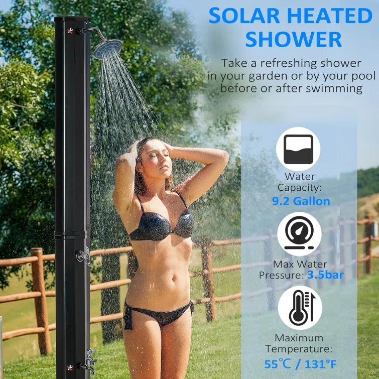 Outsunny 9.2 Gallon Solar Heated Shower With Free-Rotating Shower Head And Foot Shower Faucet, Hot And Cold Adjustment For Outdoor Backyard Poolside Beach Pool Spa