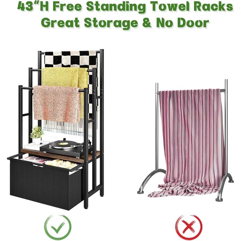 Freestanding Towel Rack With Drawers, SDXYSTCE 3 Tiers Standing Blanket Racks For Bedroom, 23.6" L X 11.8" W X 43.3" H, Blanket Holder With Shelf, Upgrade Steady Design,