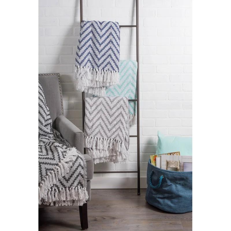 Nautical Blue Chevron Cotton Throw Blanket with Fringe