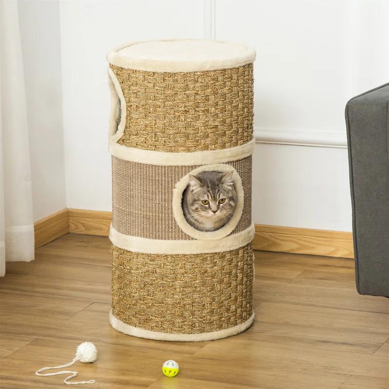 George Oliver 28 Inch Cat Condo, 3 Story Cat Hideaway with Sisal Scratching Pad, Barrel Shaped Small Cat Tree