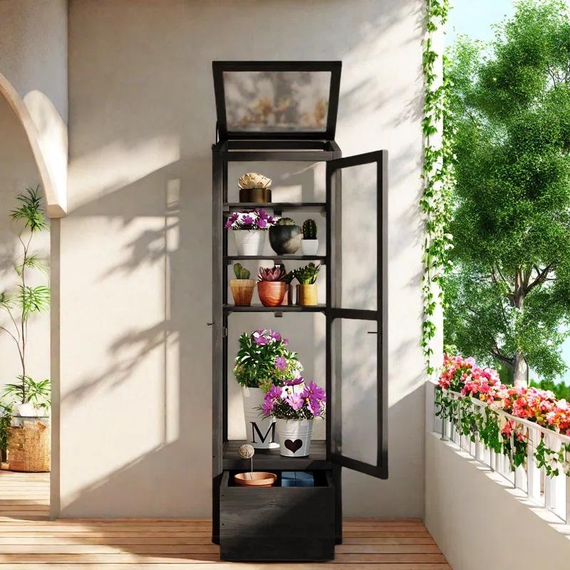 mosaicmotifco Wood Garden Greenhouse Balcony Portable Mini Cold Frame With Movable Storage Box, Adjustable Shelves And 1 Drawer
