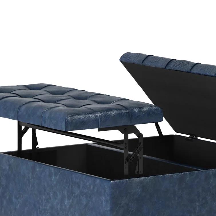 Simpli Home Harrison 36"W Upholstered Square Coffee Table Storage Ottoman with Split Lift Top