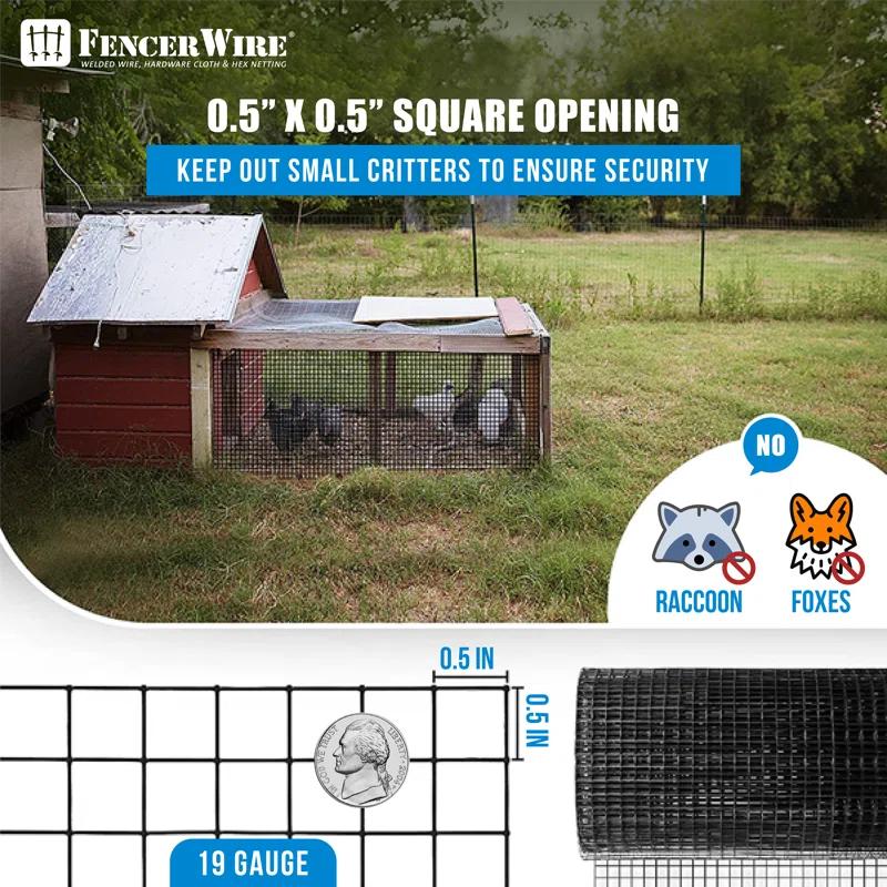 Fencer Wire Fencer Wire 19 Gauge Black Vinyl Coated Hardware Cloth, Welded Wire Fence Rolls, Mesh 1/2" X 1/2"