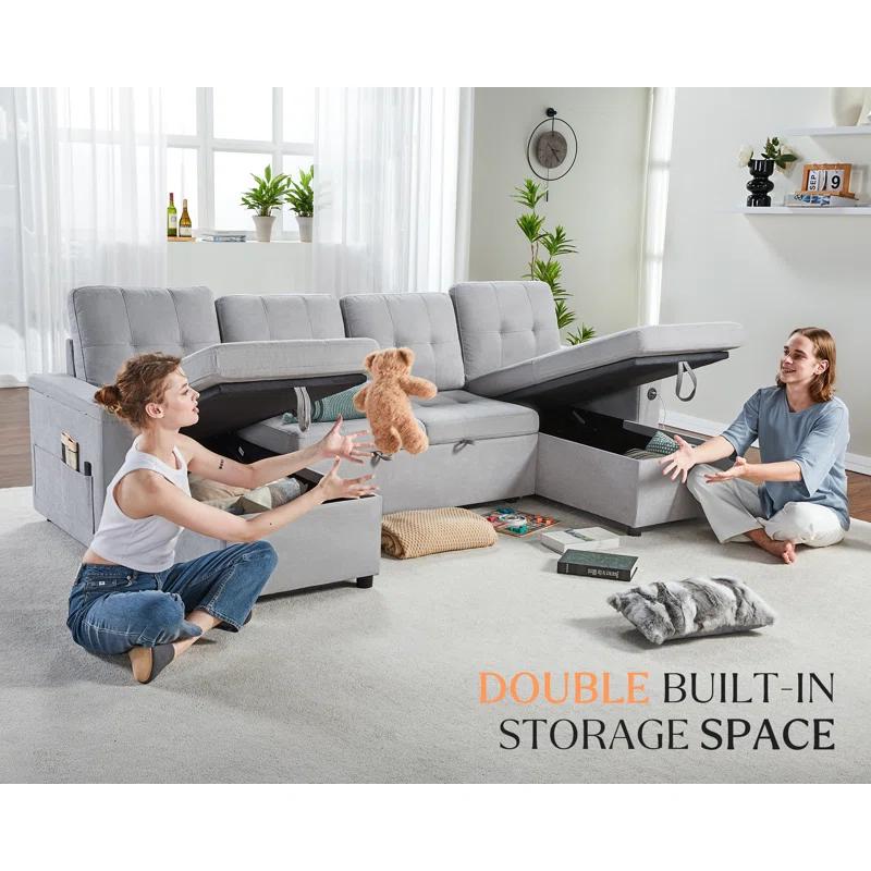 Light Grey Tufted Sleeper Sofa with Storage and Cup Holder