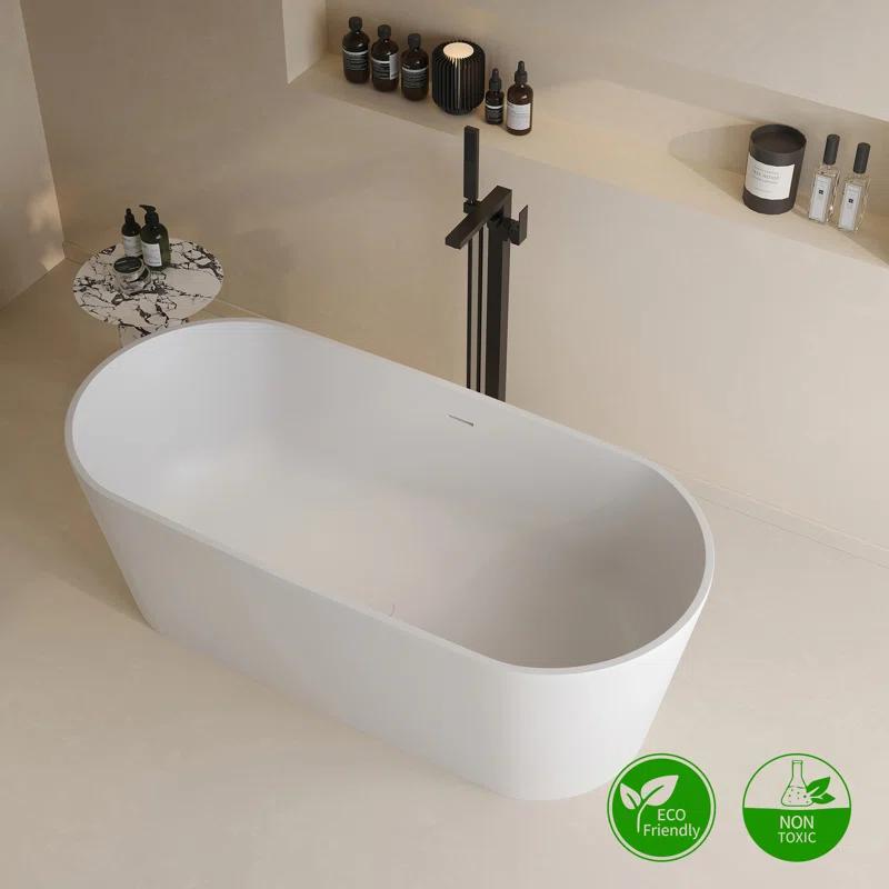 63 x 29.5 Freestanding Bathtub, Oval Shaped Stone Resin Freestanding Tubs, Solid Surface Matte White Soaking Tub with Overflow and Pop-up Drain