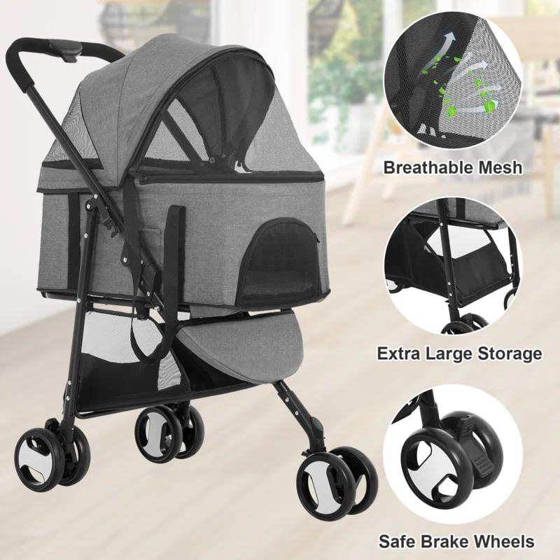 Foldable Pet Stroller with Detachable Carrier