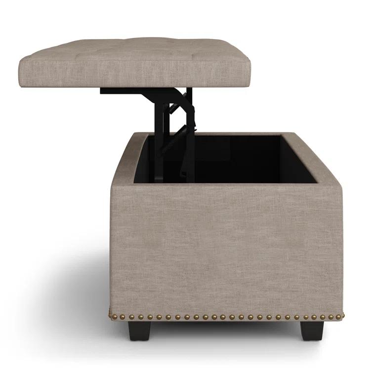 Simpli Home Hamilton 44"W Upholstered Lift-Top Storage Ottoman with Nailhead Trim and Tufted Detailing