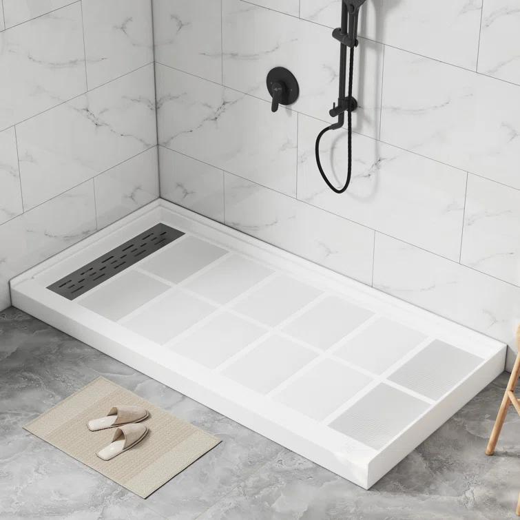 CASAINC 60"W 30/32"D Single Threshold SMC Shower Base Anti-Slip Shower Pan with Drain Assembly & Drain Cover CABR2501WH6030L