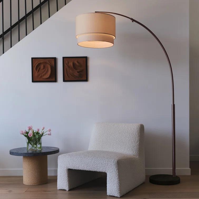 Mason 81 in. Modern Adjustable LED Arched Standing Floor Lamp with Fabric Drum Shade and Weighted Marble Base