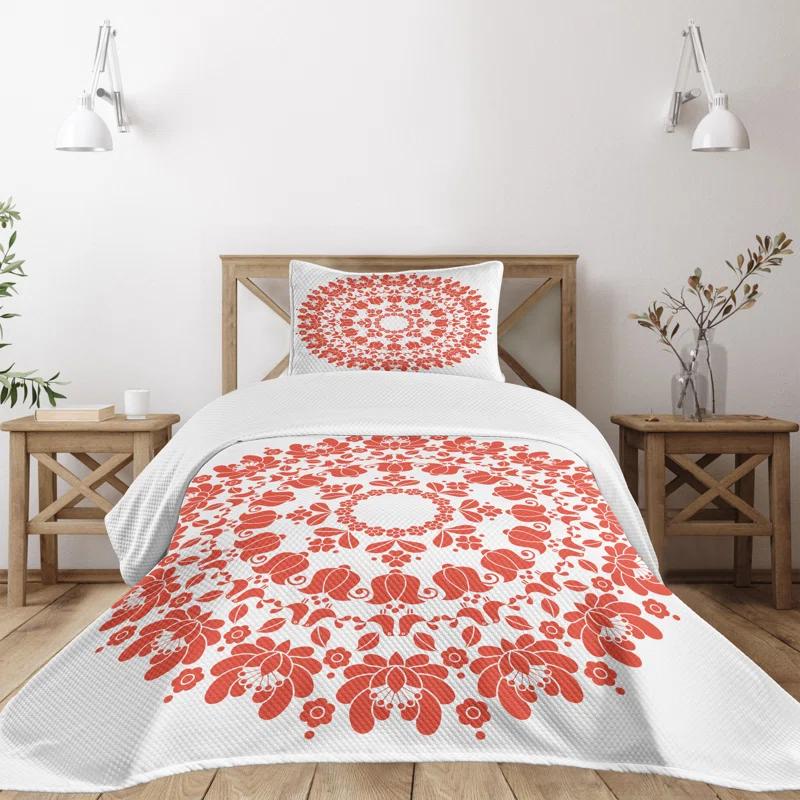 Ambesonne Ambesonne Mandala Bedspread Set Hungarian Round Folk Art White and Vermilion
