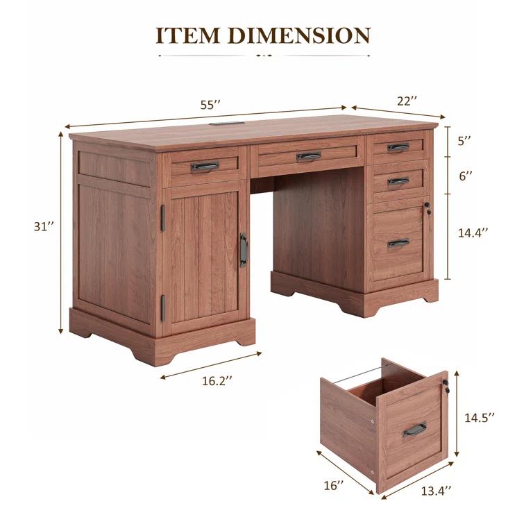 August Grove® Clabe 55'' Farmhouse Executive Desk with Drawers, File Cabinet and Power Outlets